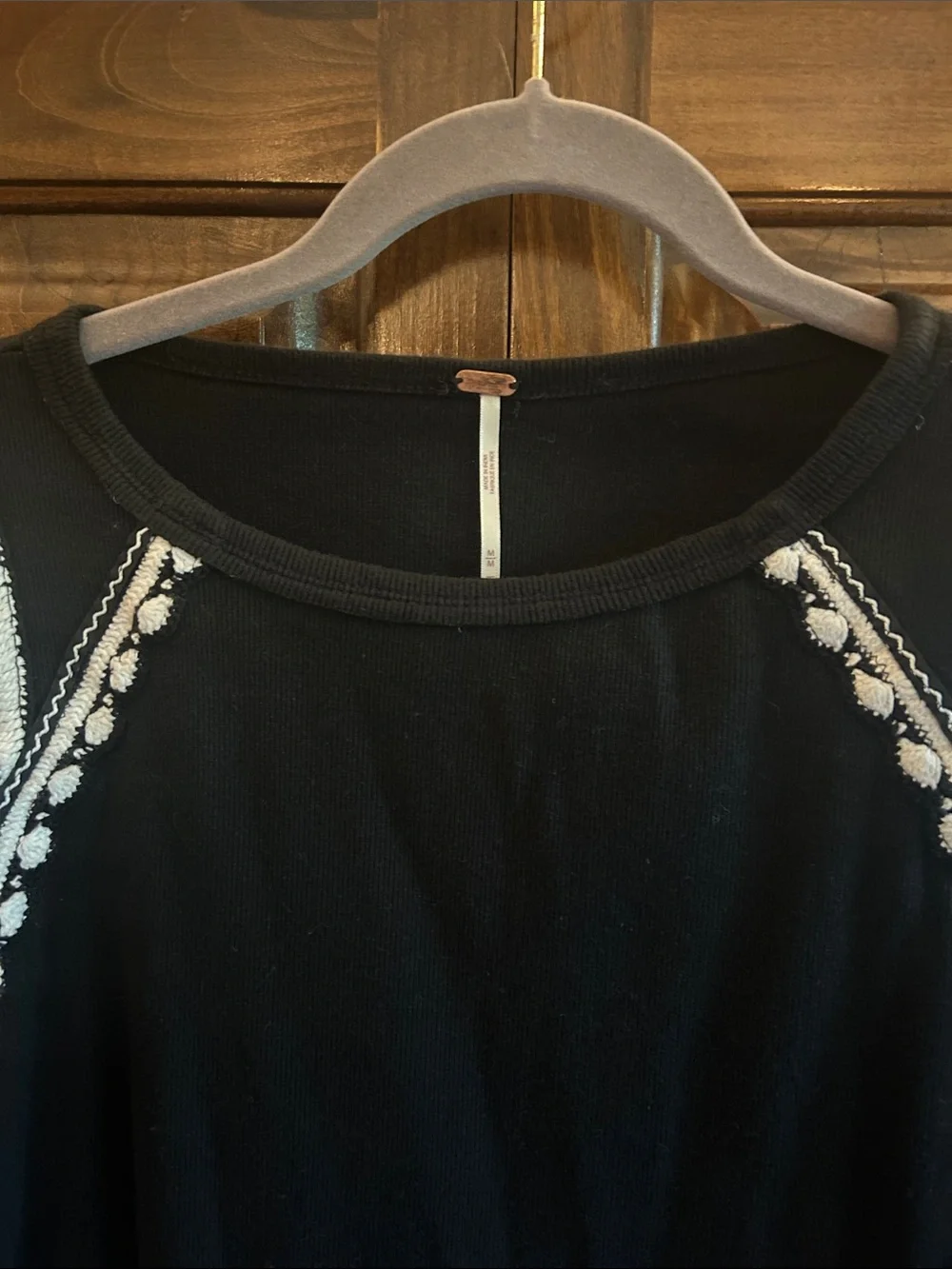 Free People Black Long Sleeve Top with White Embroidery